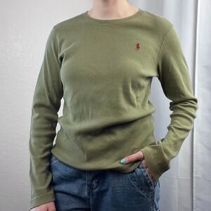 Vintage Y2K Ralph Lauren Top Womens XL Fitted Green Cotton Academia Preppy 90s